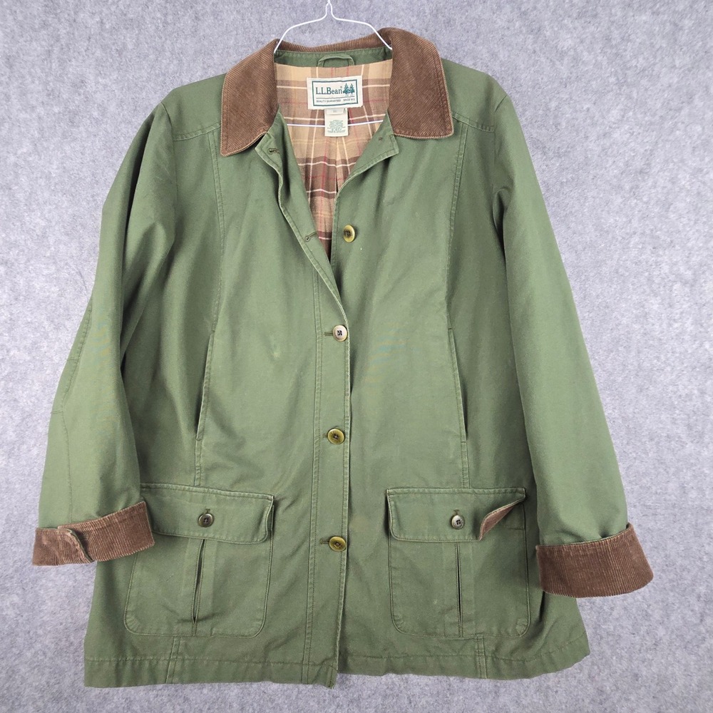 LL Bean Field Coat Women XL Green Barn Jacket Flannel Lined Corduroy Trim